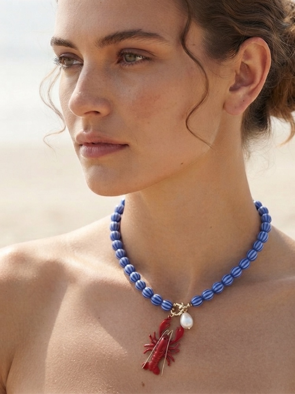 Nautical Lobster Statement Necklace – Blue Ribbed Beads, Pearl & Red Charm